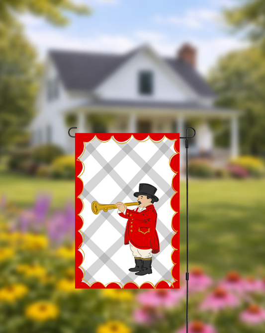 Bugler Garden Flag over a home background