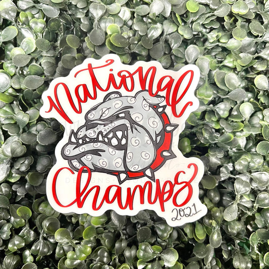 A sticker with a graphic of a bulldog and the text 'National Champs 2021' on a background of green leafy plants.