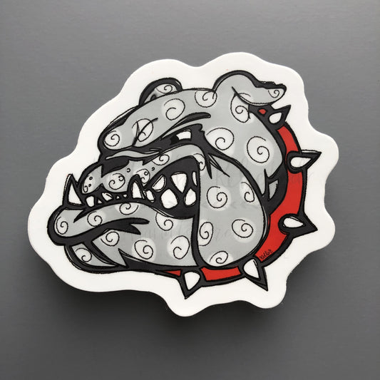 a sticker with a hand drawn polka dot bulldog