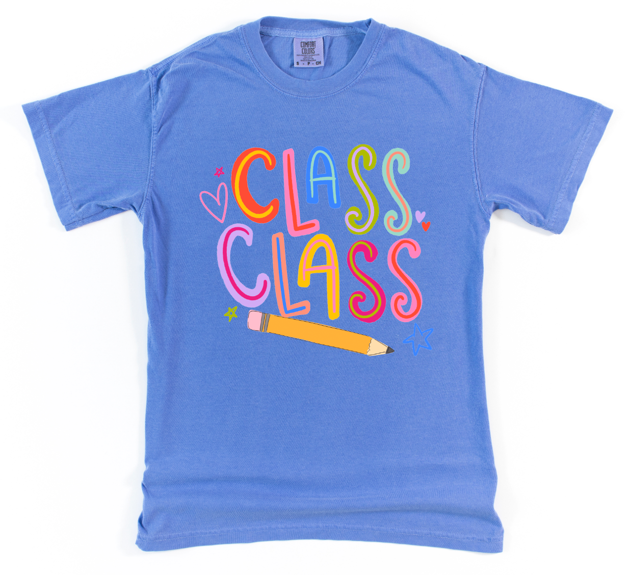 Blue t-shirt with colorful 'CLASS' text and pencil graphic on a white background