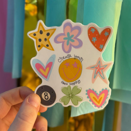 Doodles by Rebekah "Create Your Own Happy" whimsical icon sticker. This colorful vinyl decal features hand-painted hearts, stars, and a smiley face, making it an uplifting gift for decorating water bottles, laptops, and planners.