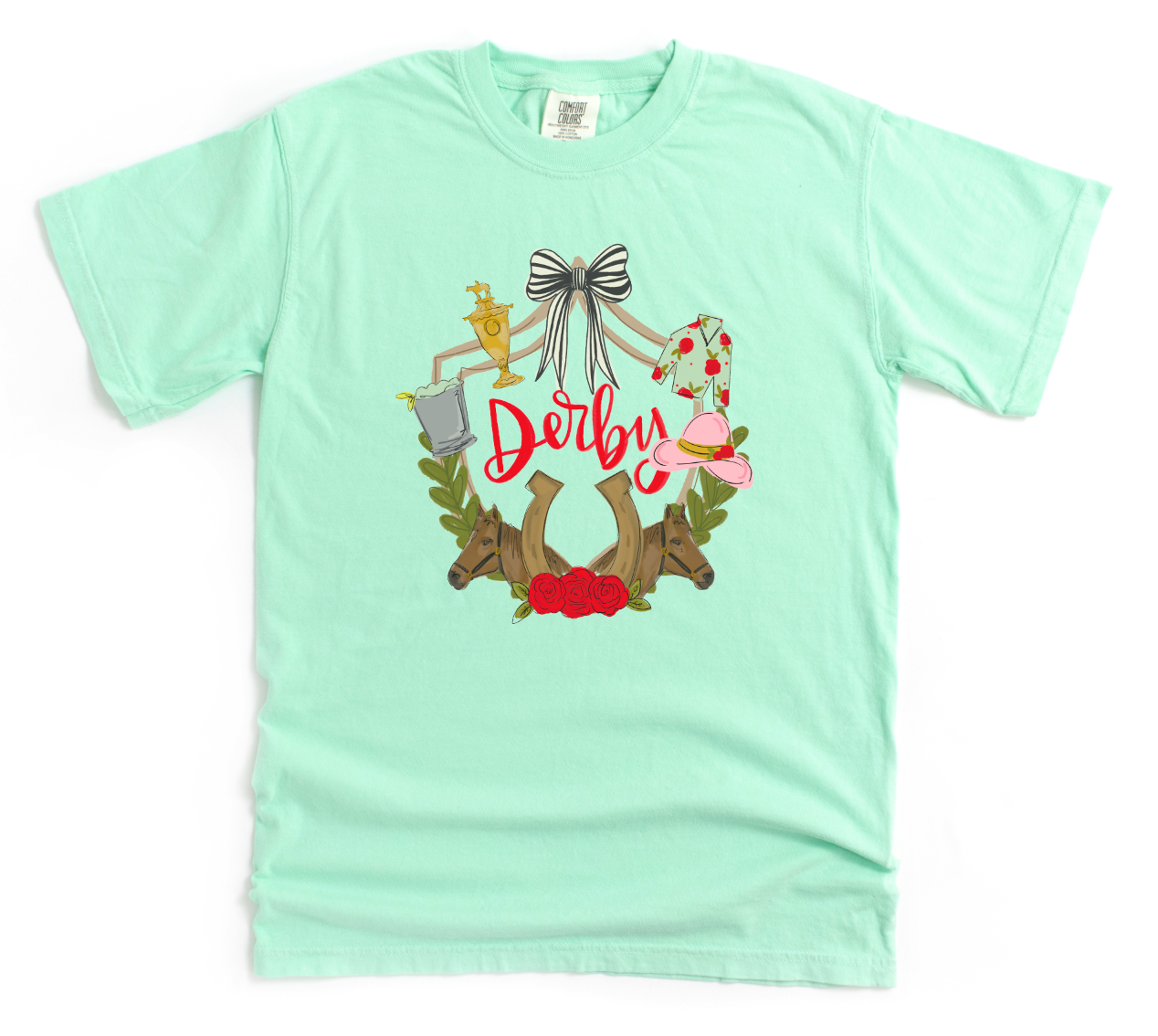 Mint green t-shirt with horse-themed graphic and 'Derby' text on a white background