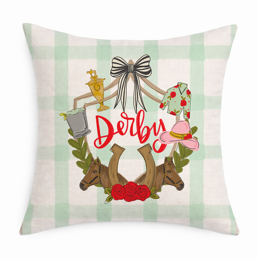 Decorative pillow with horse racing-themed design featuring the word 'Derby'.