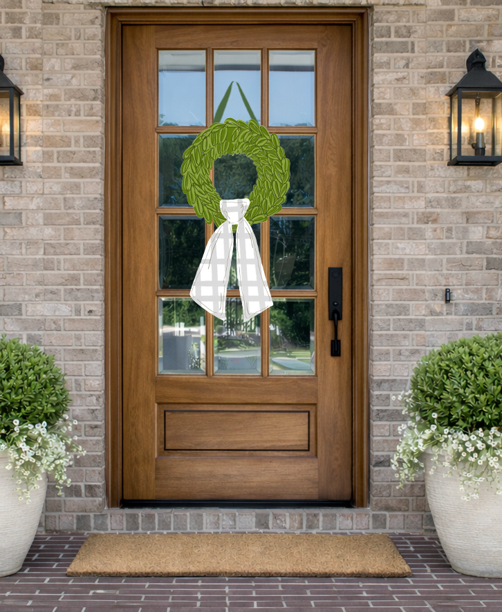 Doodles by Rebekah greenery wreath door decor with a whimsical hand-painted leaf design and a classic gingham bow on a rustic front porch.