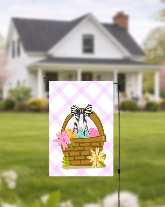 Doodles by Rebekah Easter basket garden flag featuring whimsical hand-painted eggs and a purple checkered pattern. This charming spring outdoor decor is perfect for Easter celebrations, front yard displays, or seasonal garden accents.