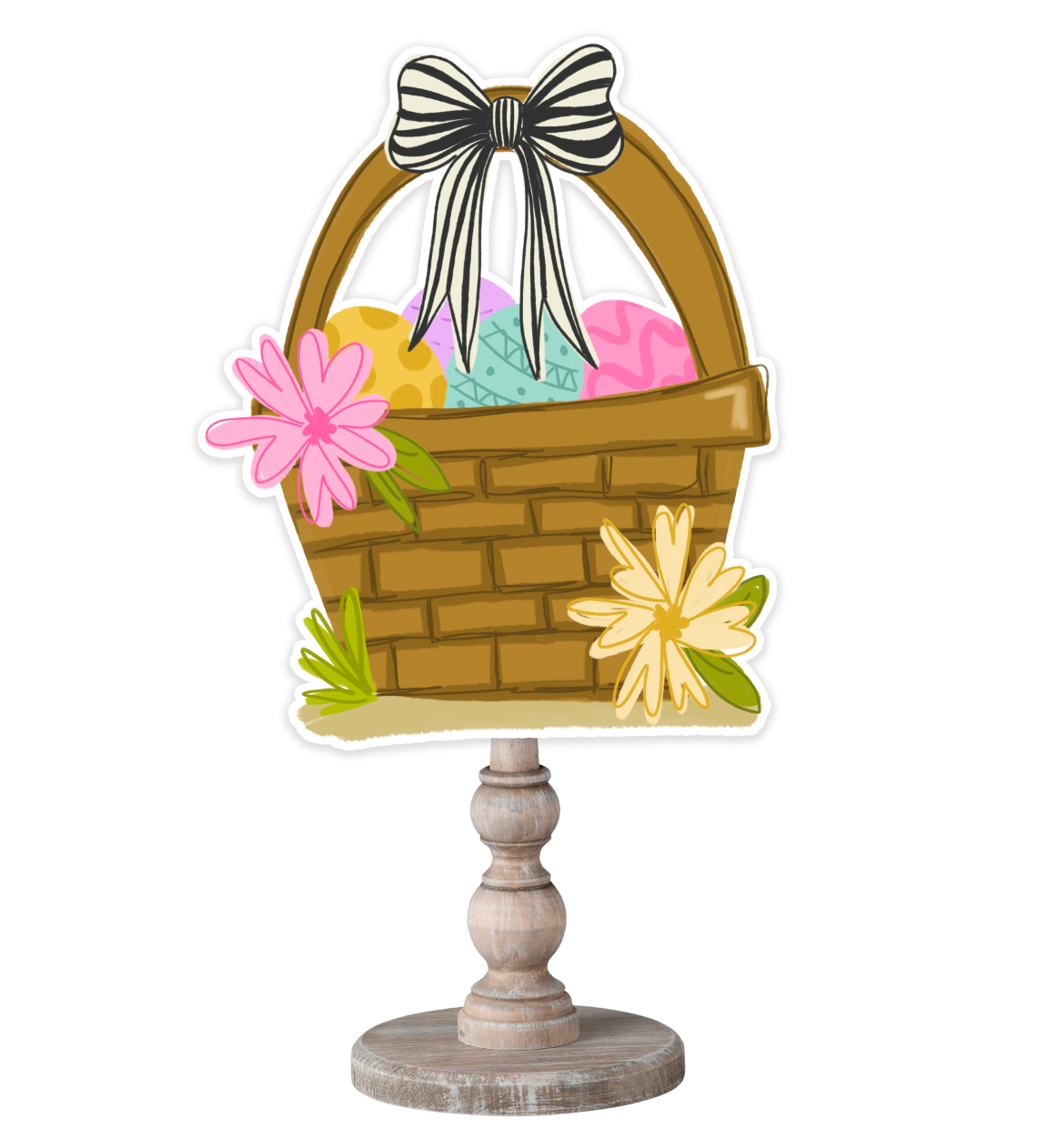 A topper designed to look like an easter basket with colorful eggs and a black and white bow on top of a wooden dowel 