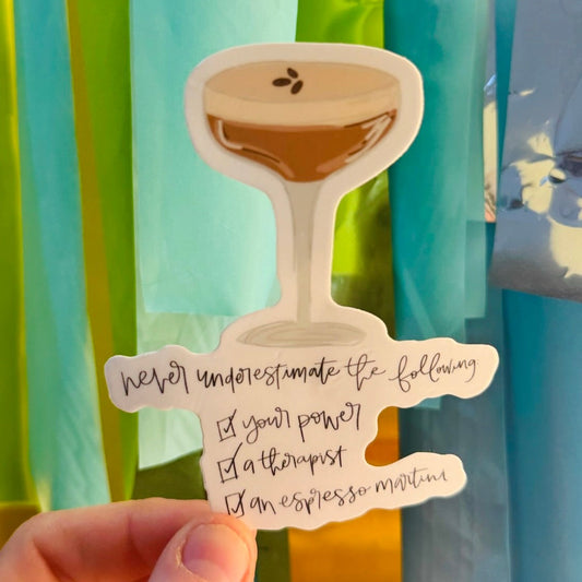 Doodles by Rebekah espresso martini vinyl sticker. This whimsical hand-painted cocktail decal features a motivational checklist and mental health positive message, making it a perfect gift for coffee and cocktail lovers to decorate water bottles, laptops, and bar carts.