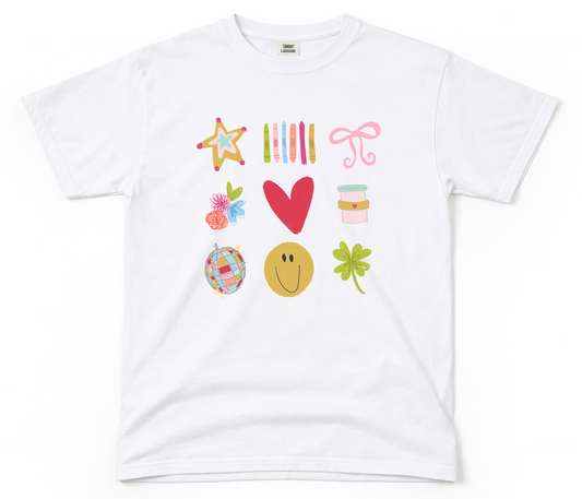 White t-shirt with colorful graphic designs on a white background