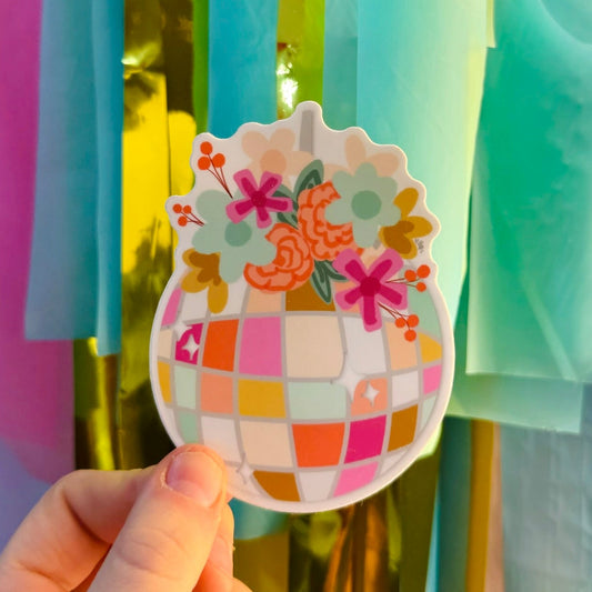 Doodles by Rebekah "Floral Disco Ball" whimsical vinyl sticker. This colorful hand-painted disco ball decal with botanical accents is a perfect gift for music lovers to decorate water bottles, laptops, and party favors.