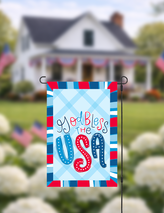 Doodles by Rebekah "God Bless the USA" patriotic garden flag featuring hand-painted red, white, and blue typography on a blue checkered background. This Americana-themed outdoor decor is ideal for Fourth of July, Memorial Day, or summer yard displays.