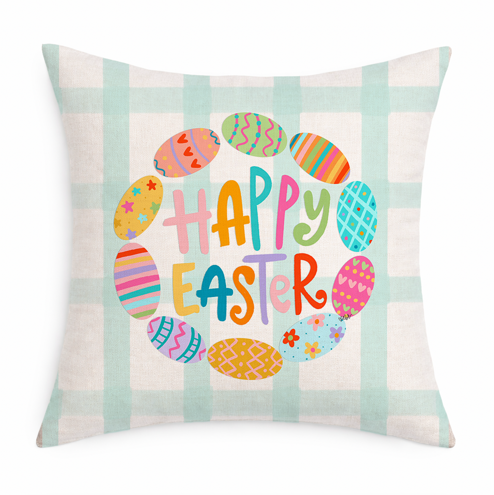 Decorative pillow with 'Happy Easter' text and colorful eggs on a plaid background