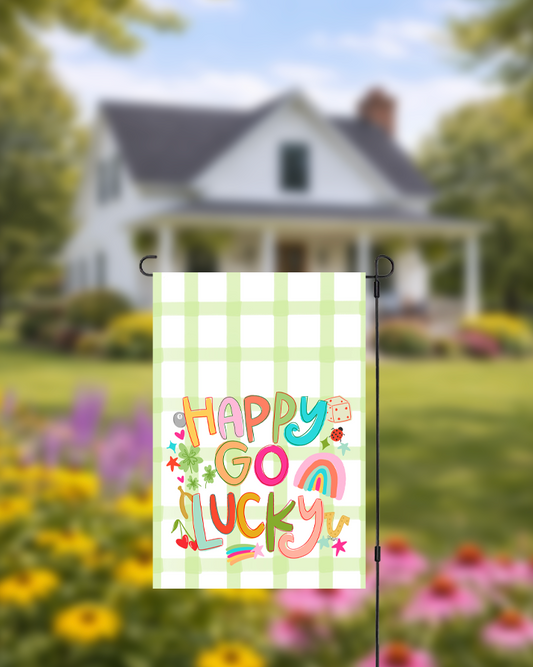 Happy Go Lucky Garden Flag over a gingham background