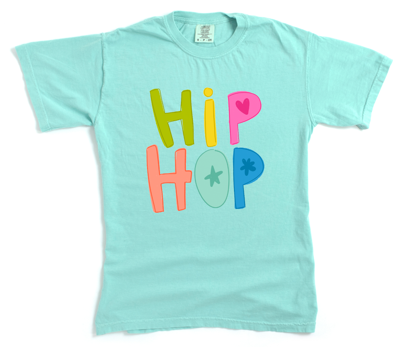 Light blue t-shirt with colorful 'HIP HOP' text on a white background