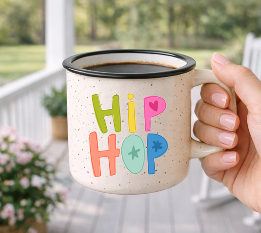 Doodles by Rebekah "HiP HOP" Easter campfire mug. This whimsical hand-painted ceramic coffee cup features colorful typography and is a perfect gift for Easter baskets, spring celebrations, or fans of hip-hop music with a playful twist.