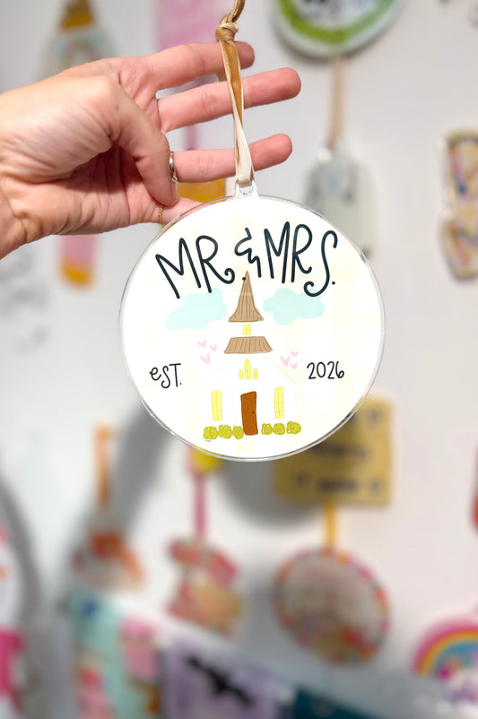 Mr. & Mrs. Established 2026 ornament featuring a church in a circle