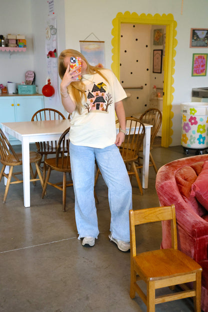 Pink Haunted House with Ghosts Ivory Tee