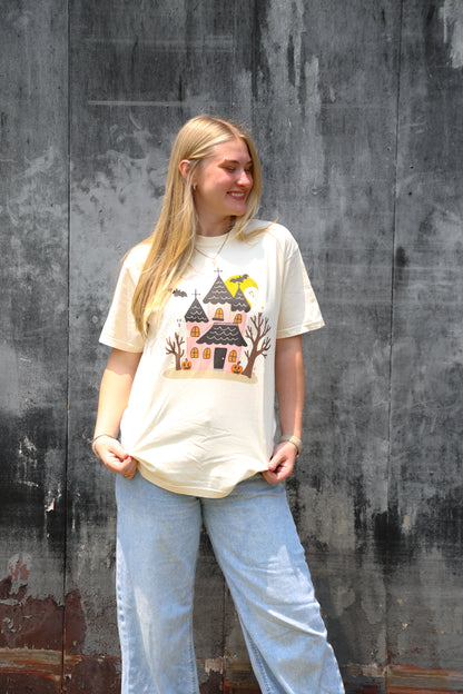 Pink Haunted House with Ghosts Ivory Tee