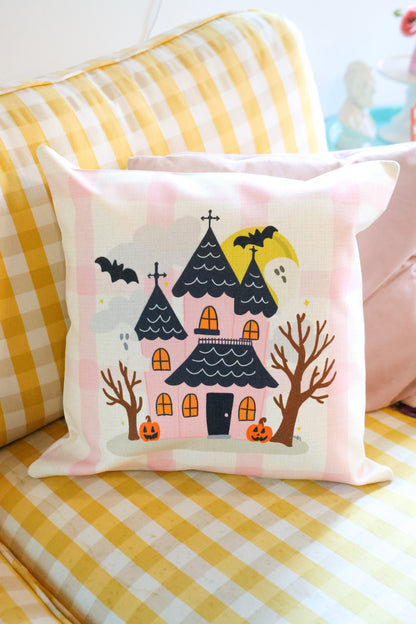 Pink Haunted House with Ghosts Square Pillow
