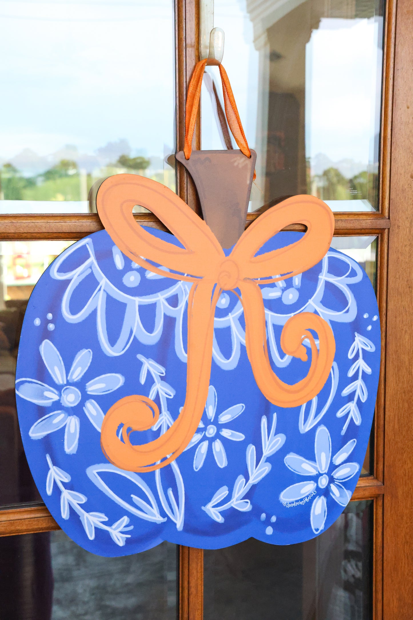 Blue Chinoiserie with Bow Pumpkin Doorhanger