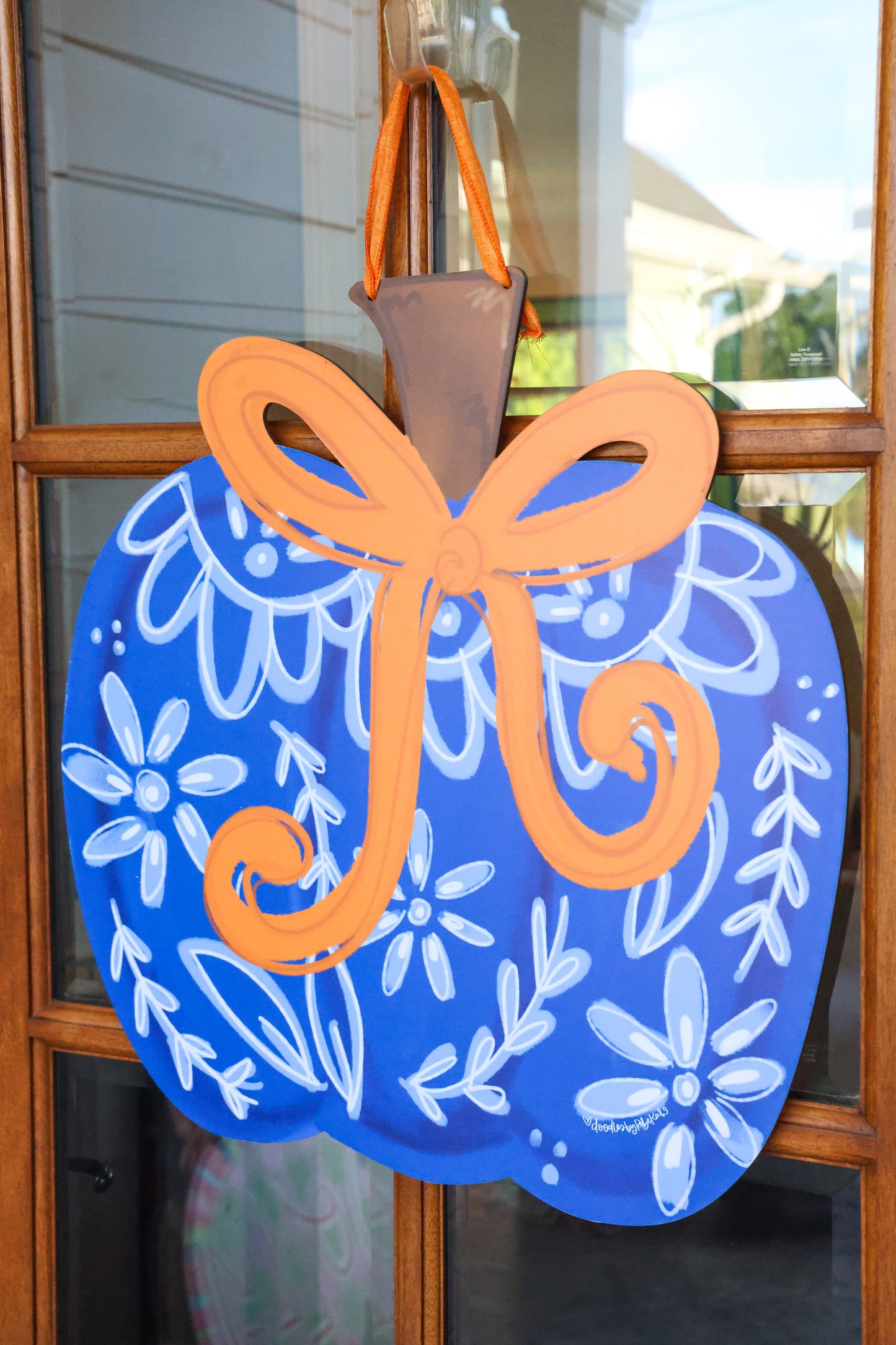 Blue Chinoiserie with Bow Pumpkin Doorhanger