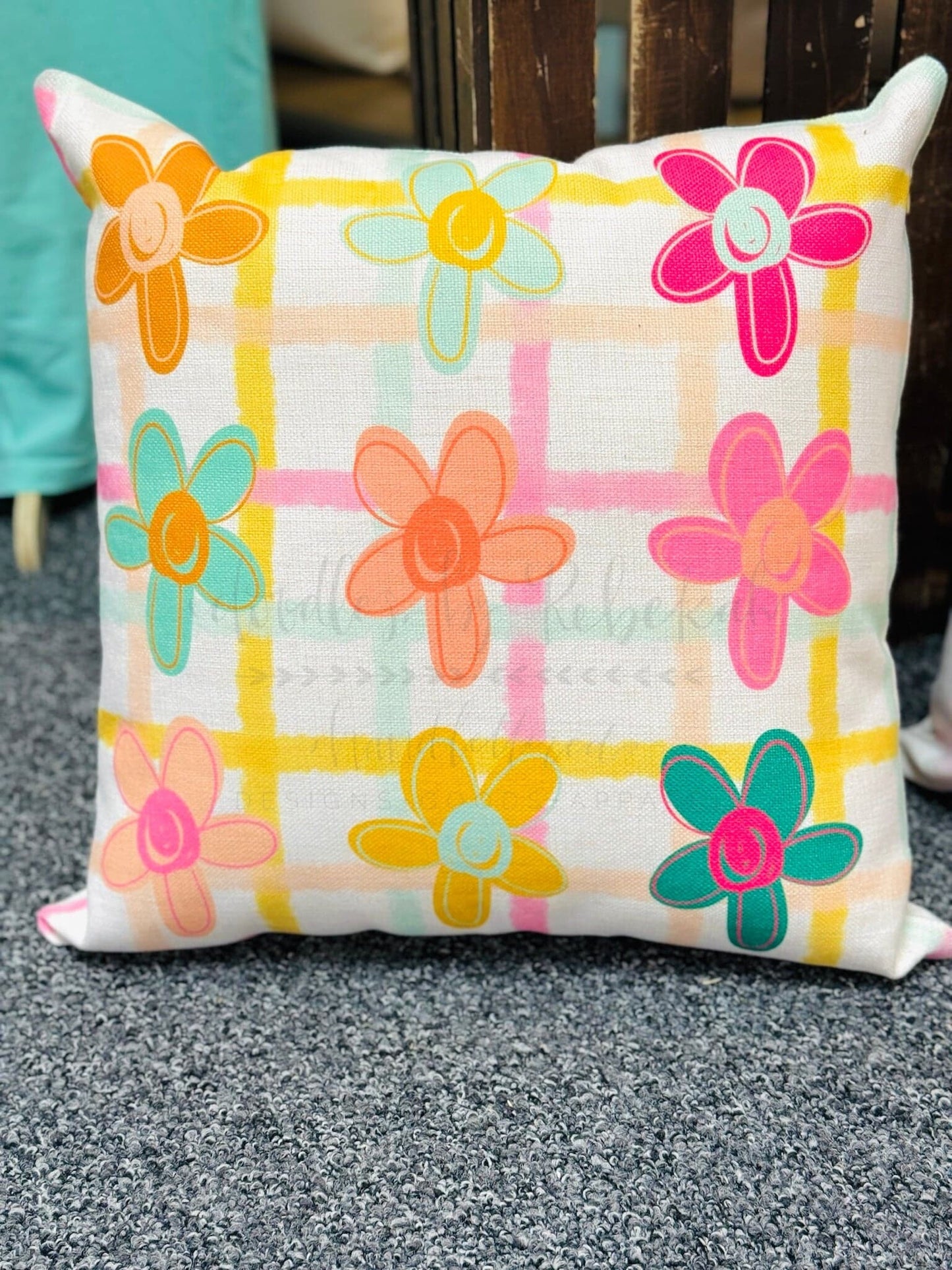 Gingham Floral Square Pillow - Pillow