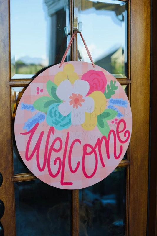 Welcome Pink Plaid Doorhanger - Topper