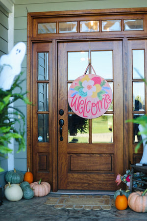 Welcome Pink Plaid Doorhanger - Door Hanger