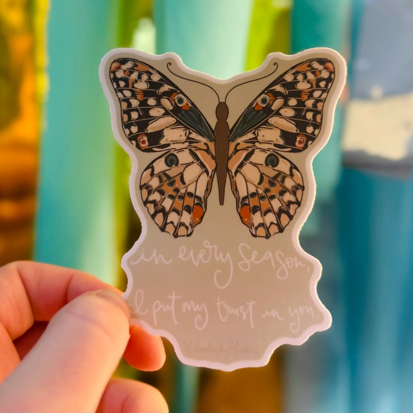 Doodles by Rebekah "In Every Season" inspirational butterfly sticker. This whimsical hand-painted vinyl decal with faith-based typography is a perfect motivational gift for decorating journals, water bottles, and laptops.