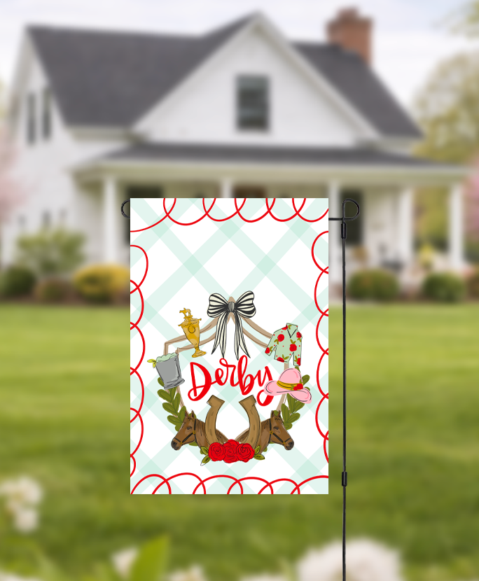 Doodles by Rebekah "Derby" garden flag featuring whimsical hand-painted horse racing icons and a teal checkered pattern. This equestrian-themed outdoor decor is perfect for Kentucky Derby parties, horse racing fans, or southern-style front yard displays.