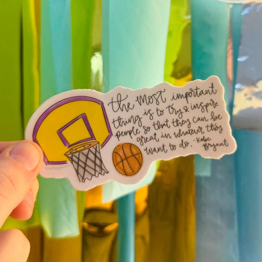 Doodles by Rebekah Kobe Bryant inspirational basketball sticker. This hand-painted die-cut vinyl decal features a motivational sports quote, making it an ideal gift for athletes, coaches, or students to decorate water bottles, laptops, and planners.