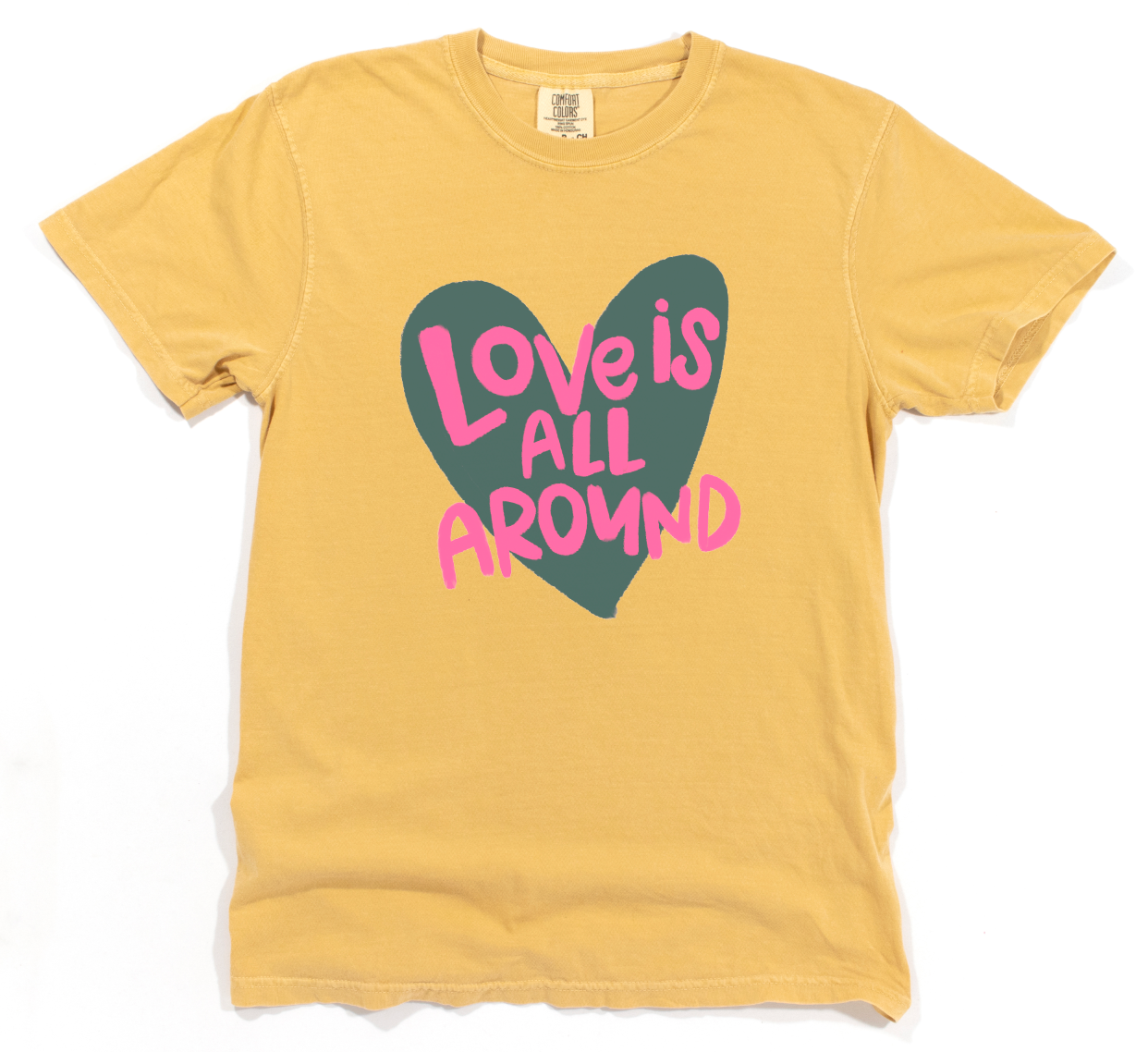 Yellow t-shirt with a heart-shaped design and 'Love is All Around' text on a white background