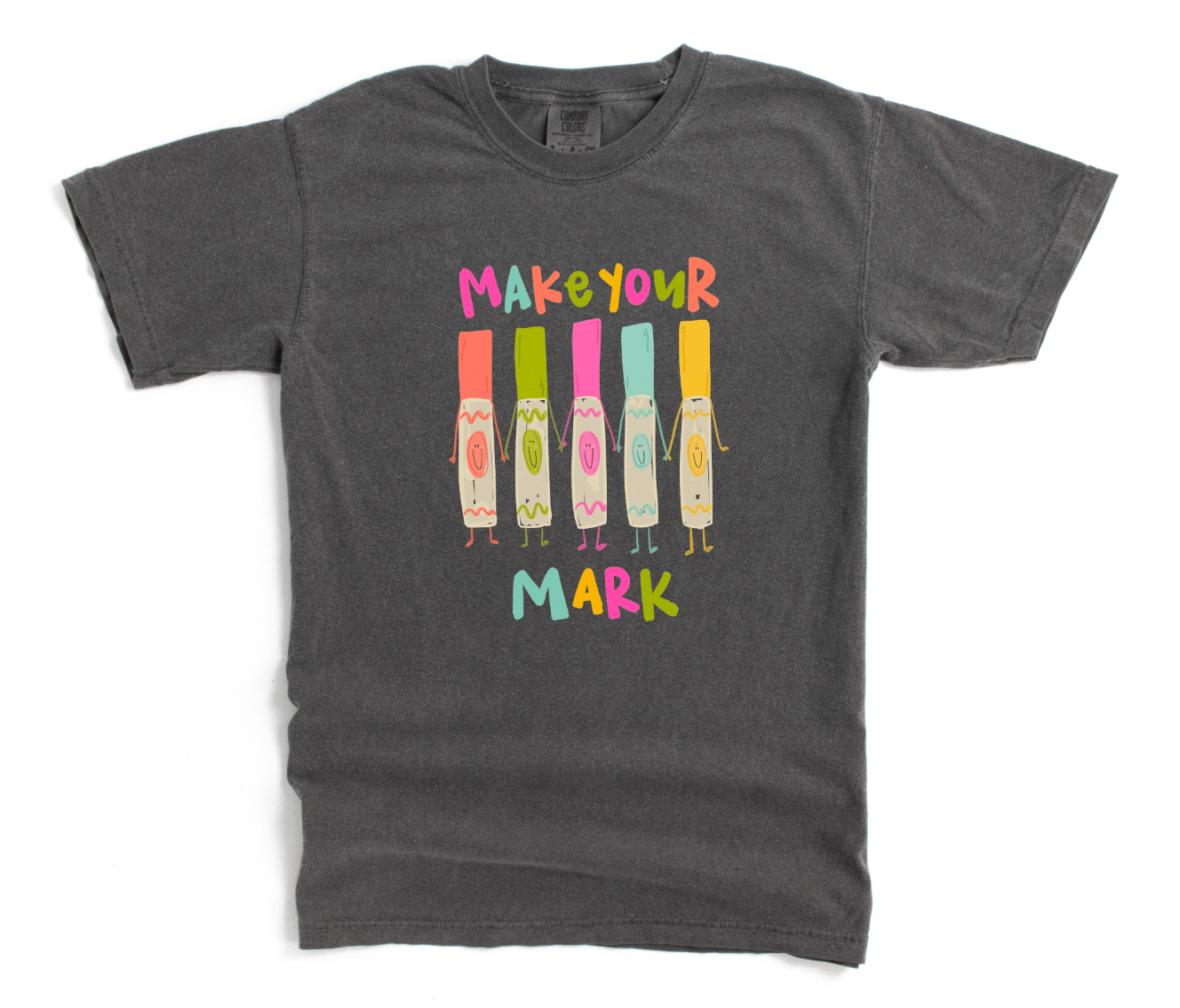 Gray t-shirt with colorful graphic and text 'Make Your Mark' on a white background