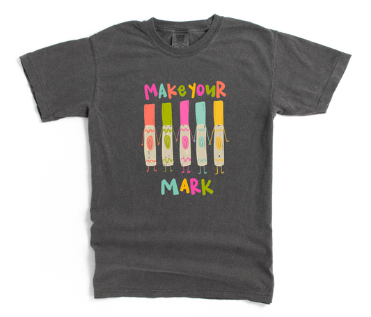 Gray t-shirt with colorful graphic and text 'Make Your Mark' on a white background