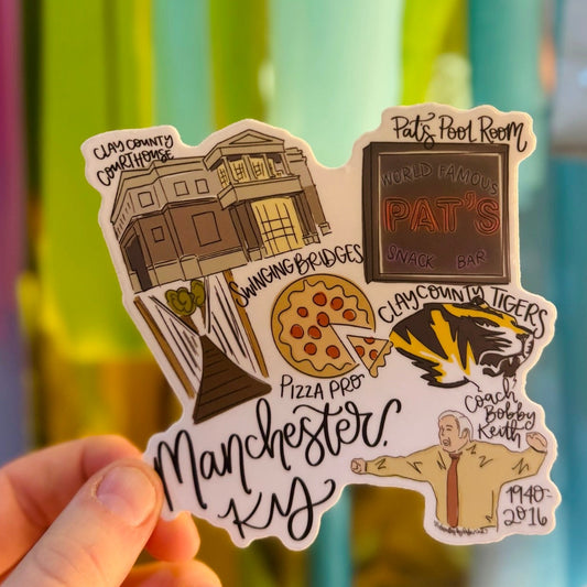 Doodles by Rebekah Manchester, Kentucky landmarks vinyl sticker. This whimsical hand-painted decal features iconic Clay County spots like the swinging bridges and Pat's Pool Room, making it a perfect hometown gift or souvenir for water bottles, laptops, and planners.