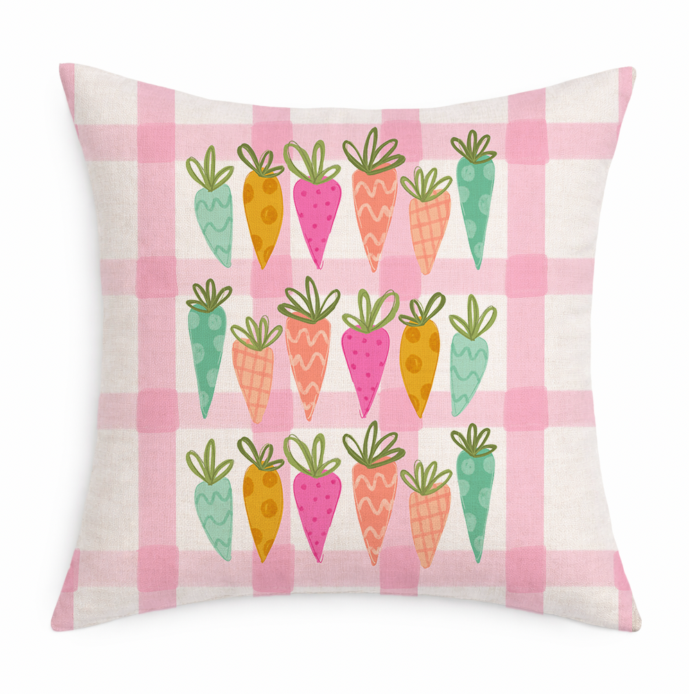 Decorative pillow with colorful carrot pattern on a pink and white checkered background