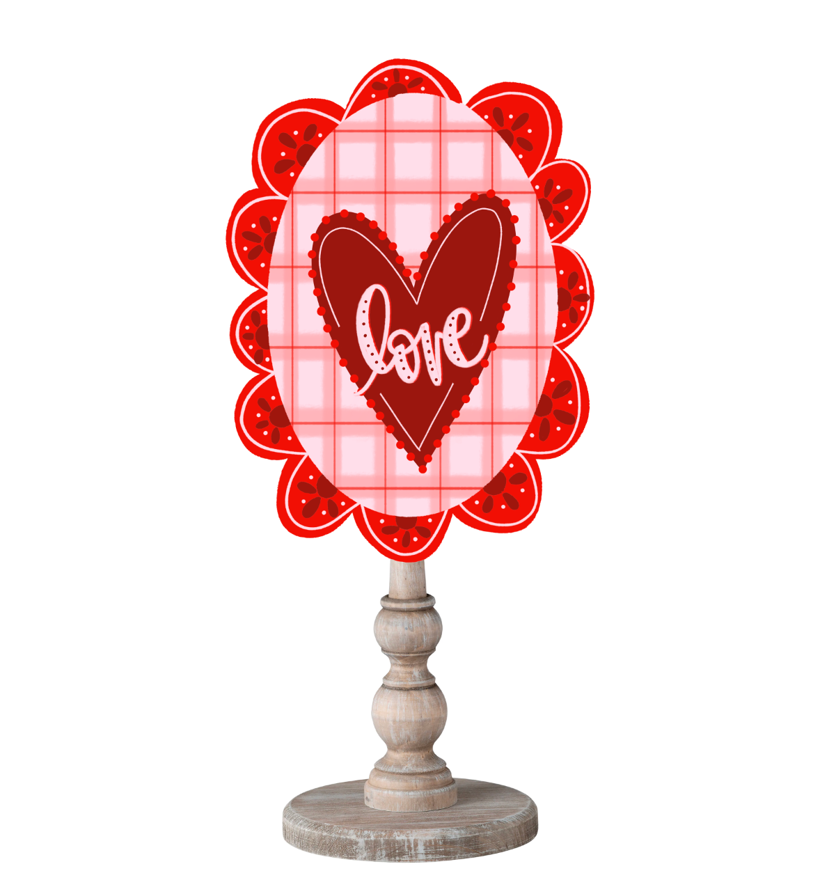 A scalloped topper with a Plaid background and a heart in the middle with the word "Love" in stylized writing