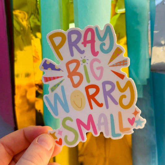 Doodles by Rebekah "Pray Big Worry Small" inspirational faith sticker. This colorful hand-painted vinyl decal with whimsical typography is a perfect motivational gift for decorating prayer journals, Bibles, water bottles, and laptops.