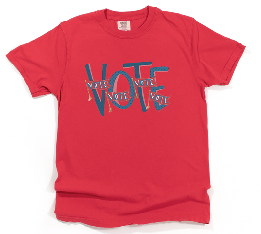Red t-shirt with 'VOTE' text printed on it against a white background