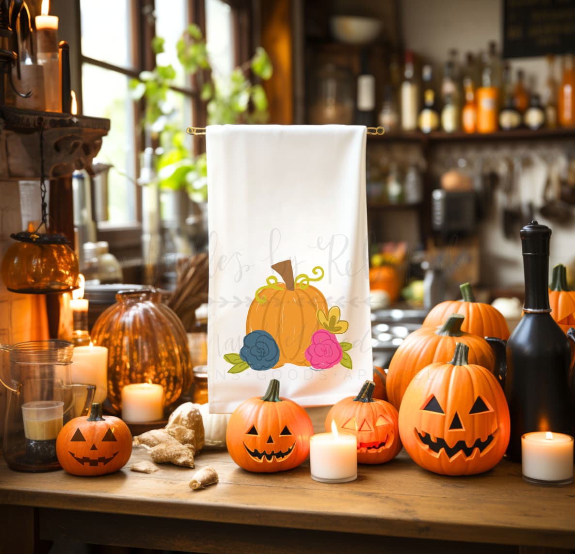 Navy Floral Pumpkin Tea Towel - Tea Towels