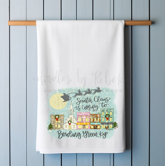 Santa Claus is Coming to Custom Town Tea Towel - Tea Towels