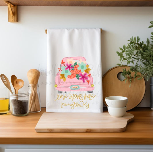 Love Grows Here Flower Truck *Custom Town* Tea Towel - Tea Towels