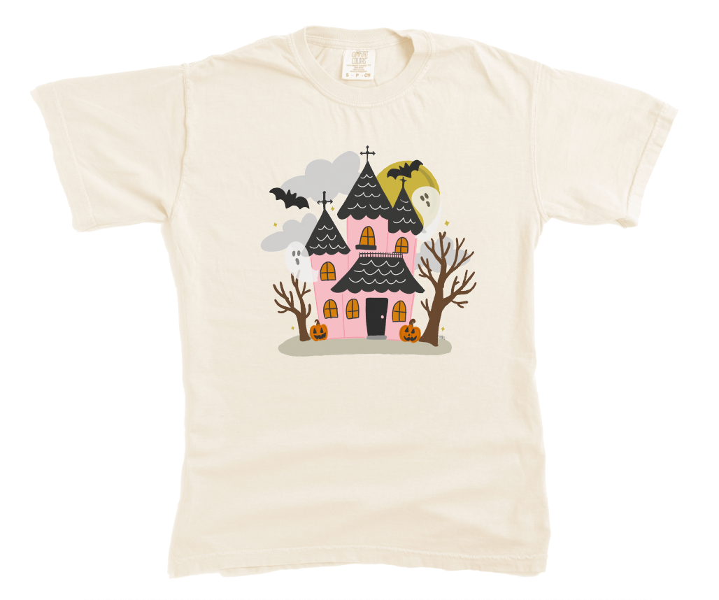 Pink Haunted House with Ghosts Ivory Tee