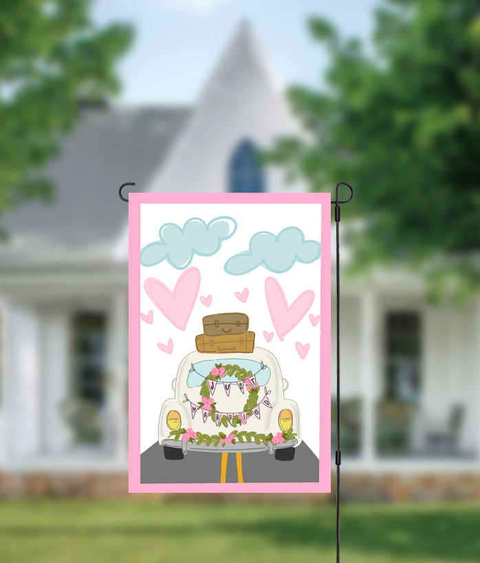 Just Married Car with Garland Garden Flag