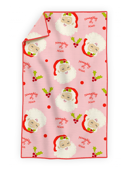 Naughty or Nice Santa- Microfiber Waffle Weave Tea Towel