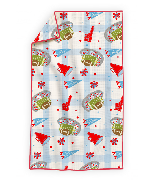 Red & Light Blue Football Game Day- Microfiber Waffle Weave Tea Towel