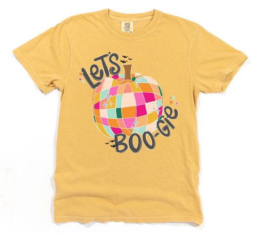 Yellow t-shirt with a colorful disco ball pumpkin graphic and text on a white background