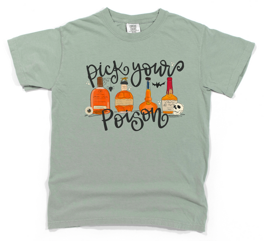 Light green t-shirt with 'Pick your Poison' text and bottle graphics on a white background