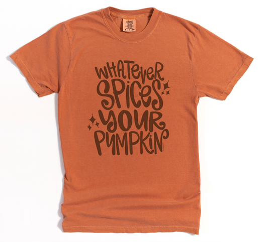 Brown t-shirt with 'Whatever Spices Your Pumpkin' text on a white background