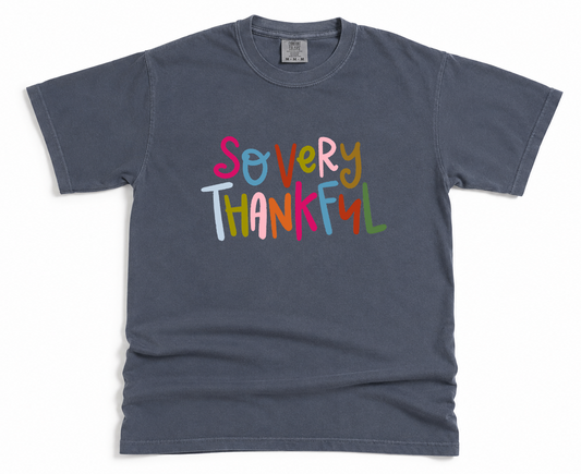 Gray t-shirt with 'So very Thankful' text in colorful letters on a white background