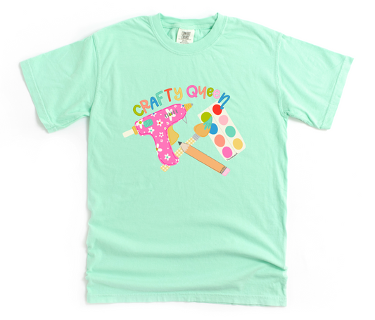 Mint green t-shirt with 'Craft Queen' text and graphics on a white background